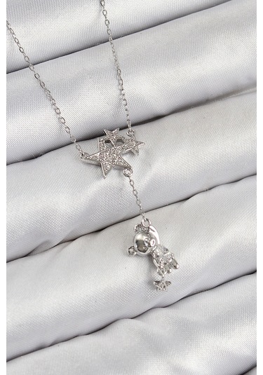 Pirinç Zirkon Taşlı Sallantılı Ayıcıklı Yıldız Model Gümüş Renk Kadın Kolye Çok Renkli