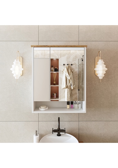 Banos Banyo Kulpsuz 2 Kapaklı Beyaz Mdf 62Cm Aynalı Banyo Üst Dlp Atlantik Çam - Beyaz