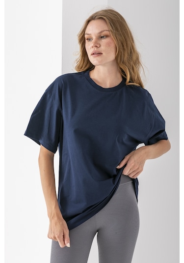 Giysa Kadın Bisiklet Yaka Düz Basic Pamuklu T-shirt Lacivert - 25501 Lacivert
