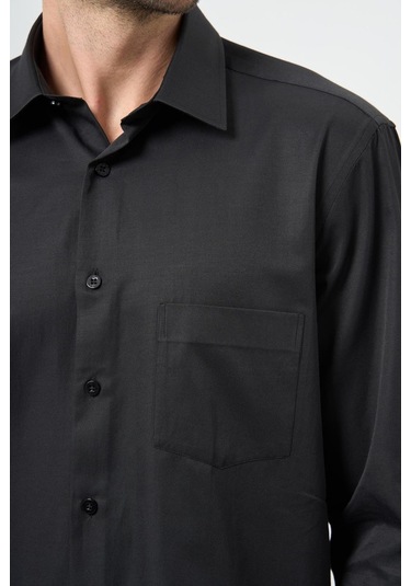 Siyah Uzun Kol Düz Bez Ayağı Sert Yaka Cep 30 Pamuklu Classic Comfort Fit Gömlek 1004245269 001 Siyah