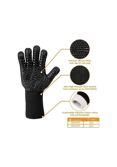 Novahub Isıya Dayanıklı Eldiven 1 Çift Yanmaz Fırın Eldiveni - Kesilmeye Dayanıklı Siyah Siyah