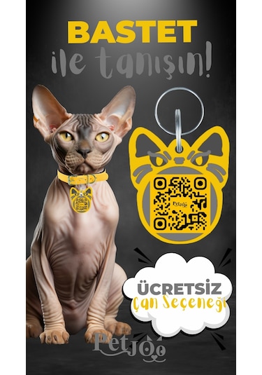 Petjoo 1.Bastet Gri-Sarı Qr'lı Kedi Künyesi