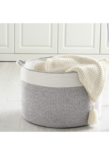 Shahbaz Özel Pamuklu Jüt Battaniye Sepeti Hasır Oyuncak Sepeti Jüt Çamaşır Sepeti 40-30 Grey