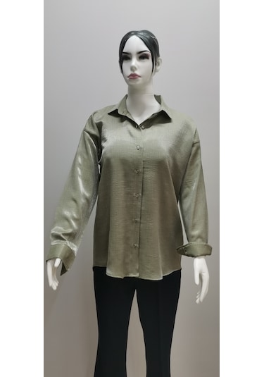 Kadın Uzun Kollu Salaş Parlak Simli Pamuk Gömlek Mint Yeşili