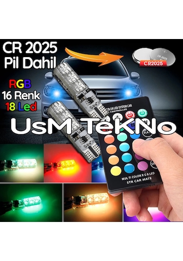 Kumandalı Çakarlı T10 Araç Park Ampulü 2 Adet 18 Led Rgb Led