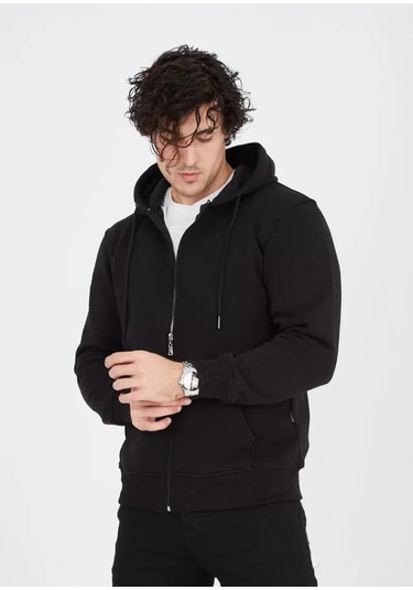 Unisex Tam Fermuarlı Kapşonlu Sweatshirt - Siyah Anrasit