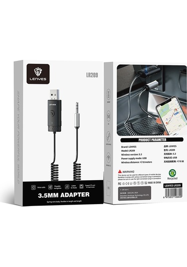 Lenyes Lr209 Spiral Kablolu Dahili Mikrofonlu Kablosuz Ses Alıcı Aux Bluetooth Adaptör Siyah