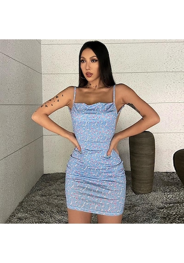 Kadın Sırtı Açık Benekli Seksi Dar Halter Elbiseler Pembe