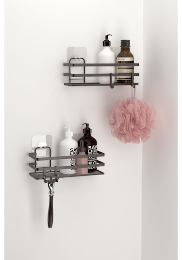 Teknotel ST281H Yapışkanlı Kancalı Banyo Rafı 2 Adet Mat Siyah