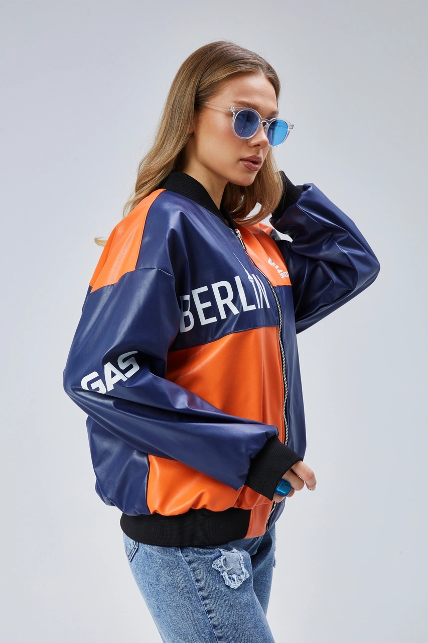 Kadın Oversize Baskılı Deri Motorcu Montu Fermuarlı Yarışçı Ceket Astarlı Bomber Kolej Mont Lacivert