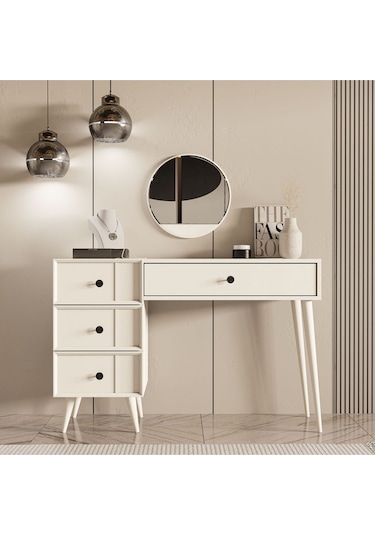 2250 Rose Aynalı Ahşap Ayaklı Mdf Çerçeveli Makyaj Masası Beyaz