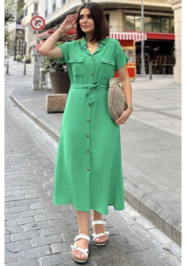 Yeşil Kısa Kol, Gömlek Yaka, Düz Desen, Çift Cepli, Aerobin Kumaş, Kuşaklı Maxi Elbise Yeşil