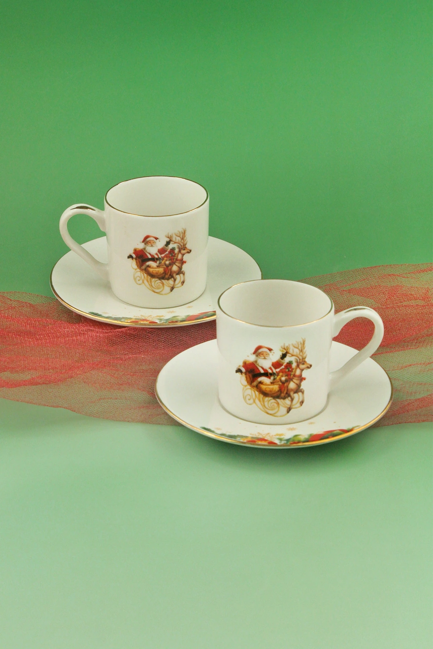 Christmas Reindeer Altın Yaldızlı İki Kişilik Kahve Fincan Takımı Beyaz - Altın