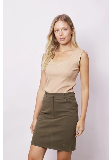Kadın Cep Detaylı Diz Üstü Hafif Likralı Pamuklu Kumaş Kalem Etek-haki Haki