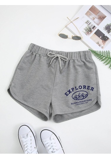 Gri Explorer Bermuda Penye Şort Kordonlu Baskılı Gri