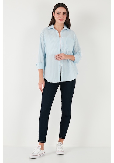Lela Regular Fit Uzun Kollu Cepli Çizgili Bayan Gömlek 6772895 Bebe Mavi