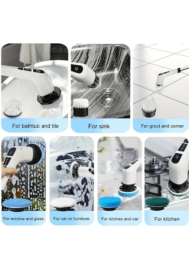 Xuweiwei Şarj Edilebilir 9in1 Elektrikli Temizleyici 9 Değiştirilebilir Fırça Başlı Uzatılabilir Ve Çıkarılabilir Sap Zemin Banyo Fayans Duş Temizliği