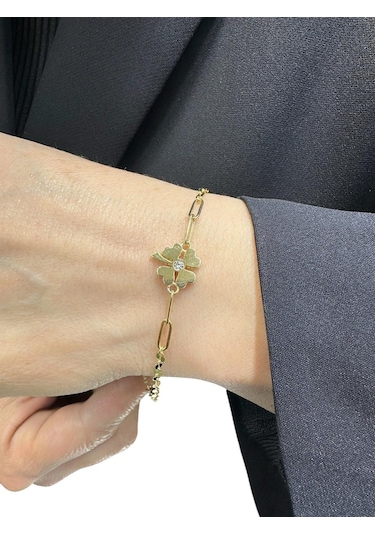 MaGold İtalyan Işıltılı Ataç Yonca Çok Şık Altın Bileklik Altın Sarı Altın