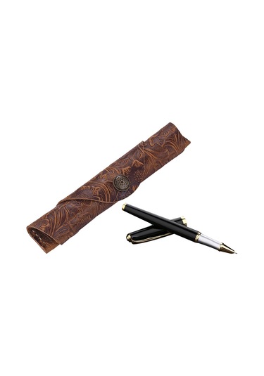 Aubyhe Tam Deri Kalem Kılıfı, Elden Dikişli, Nakışlı Kahverengi, Kanca Kapatma, 18x3cm, Kalem Koruyucu Örtü Diğer