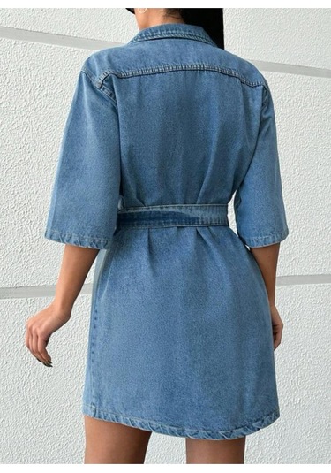 Shevega Kadın Mavi Kuşakli Tek Cep Kısa Kot Elbise Açık Mavi
