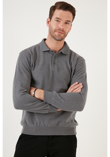 Buratti Pamuk Karışımlı Regular Fit Erkek Polo Yaka Kazak 456223 Koyu Gri