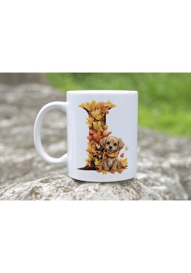 I Harf Sonbahar Yaprak Temalı Kupa Bardak - Sevimli Figürler İle Alfabe Harfli Bardak - Kişiye Özel Beyaz