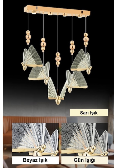 İstanbul Avize İpek Yemek Masası 5'li Gold Ledli 3 Renk Modern Led Avize Gold