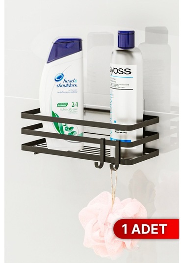 Banyo Düzenleyici Şampuanlık Sabunluk 1 Adet Lamalı Yapışkanlı 2 Askılı Duş Rafı Organizer Siyah