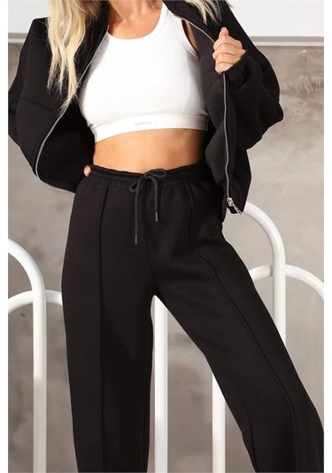 Neşeli Butik Kadın Penye 3 İplik Şardonlu Kumaş Eşofman Takımı Gts022 - Siyah Siyah