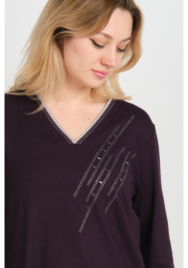 Detay Triko Kadın V Yaka Taş İşlemeli Uzun Kol Anne Bluz 5751 Mürdüm Mürdüm