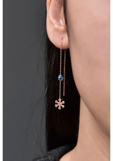 925 Ayar Gümüş Kartanesi Zincir Cam Göz Kadın Küpe