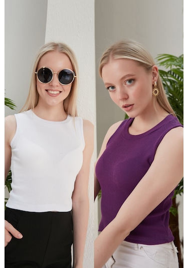 Catspy Kadın Halter Yaka 2'li Crop Bluz Atlet Beyaz - Mor