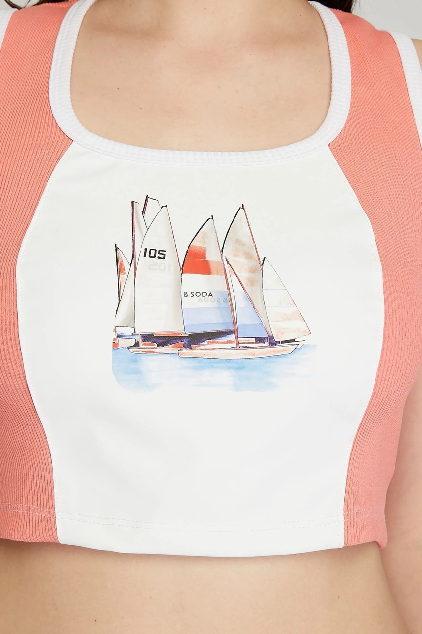 Kadın Deri Crop Ribana Kaşkorse Likralı Deri Garnili Baskılı Crop Büstiyer Deri Üzeri Baskılı Crop Pembe