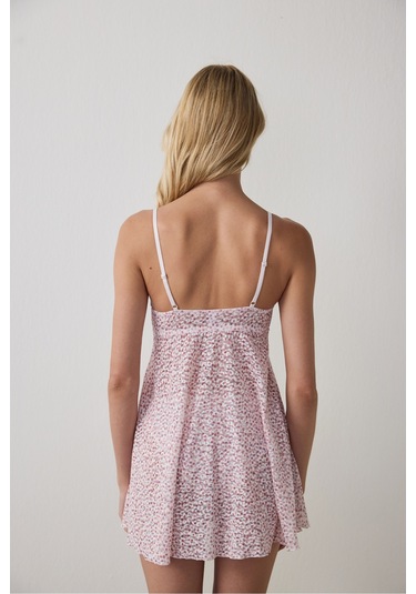 Penti Pembe Printed Lace Front Opening Üst
