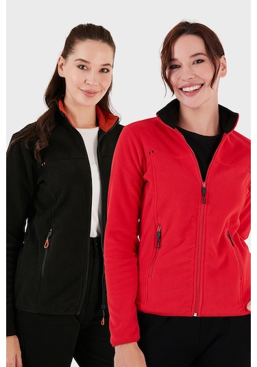 Lela Slim Fit Anti-Pilling Tüylenme Yapmayan Fermuarlı Cepli Hırka 2' Li Paket Bayan Polar 5907002S2 Kırmızı-Siyah