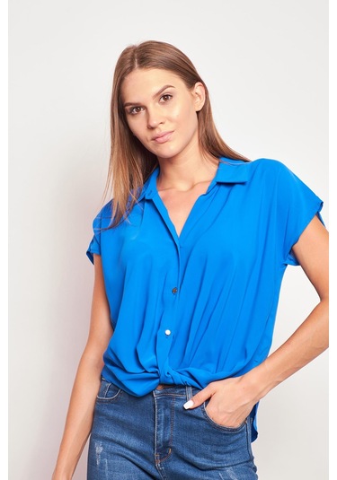 Likrasız Şık Kumaş Yakalı Düşük Omuzlu Önü Pileli Gömlek-Sax Sax