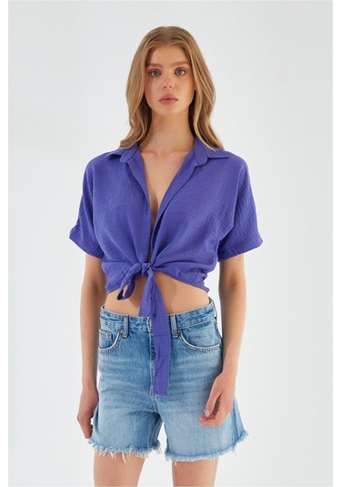 4230 Kadın Bağlamalı Yazlık Keten Gömlek Lila Lila