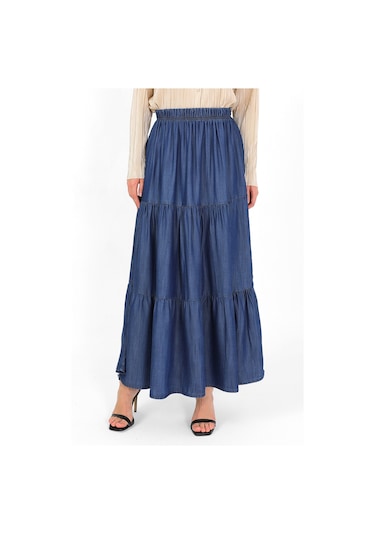 Beli Lastikli Büzgülü Tensel Etek Koyu Mavi