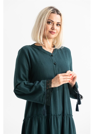 Uzun Kol Seçil Pazen Uzun Elbise Petrol Ptrl