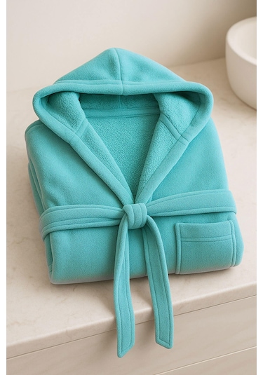 Genç Kız / Erkek Çocuk Kapşonlu Garson Boy Kadife Bornoz %100 Pamuklu Turkuaz