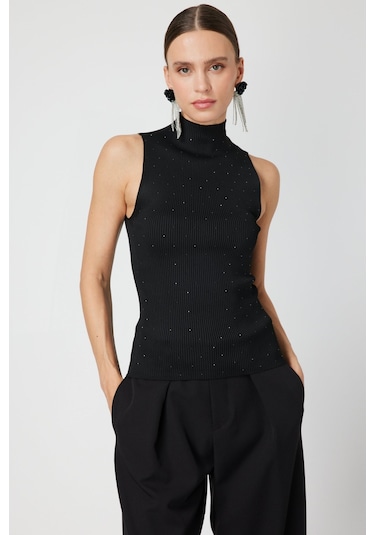 On Kadın Taşlı Kolsuz Triko Bluz 66375 Siyah Siyah