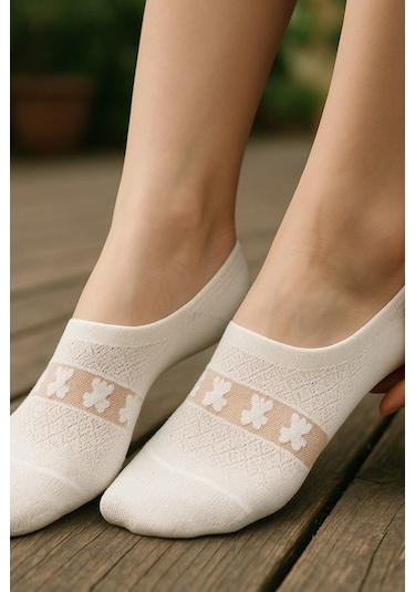 Kadın 5 Çift Premium Kalite Kalp Desenli Tül Çorap Beyaz ASORTİ