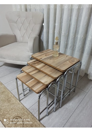 Zigon Sehpa Nikelaj Kaplama Metal Ayaklı Meşe Ahşap Desen (540935787)