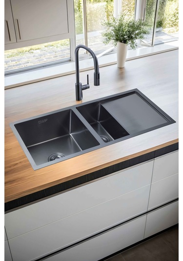 Naz Serisi %100 Krom 95x45 İki Göz Paslanmaz Mutfak Eviyesi, Mutfak Lavabosu Sifon Dahil Siyah