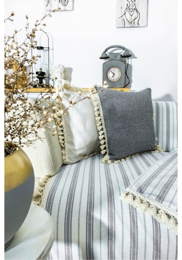 Dnc Home Tekstil Ndchome Gri Çizgili Otantik Keten Koltuk Örtüsü