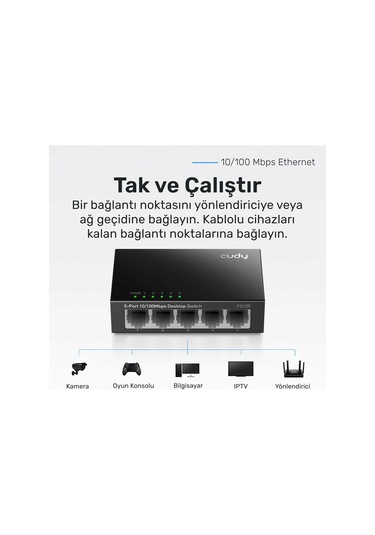 Cudy Fs105 5port 10/100mbps Duvar Montajlı Metal Masaüstü Switch