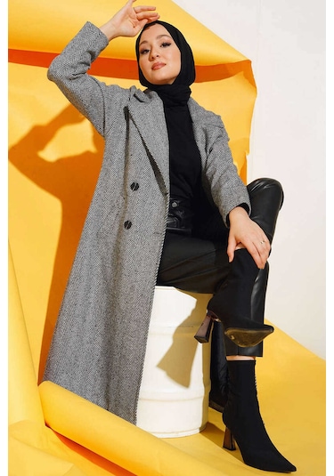 Giyim Dünyası Kadın Kruvaze Kaşe Kaban Siyah 001