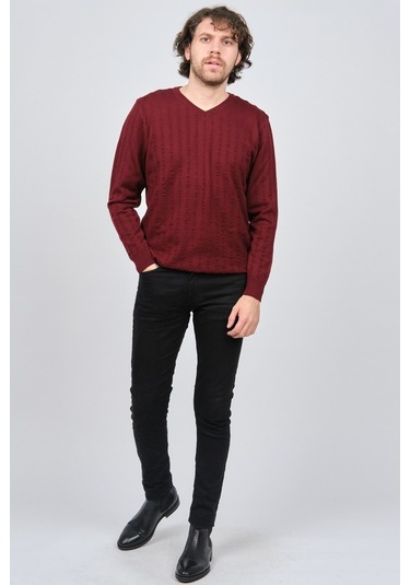 Desen Triko Erkek V Yaka Yün Kazak 0249626 Bordo Bordo