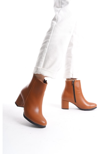 Kadın Liva Düz Topuklu Kısa Bot Taba Deri
