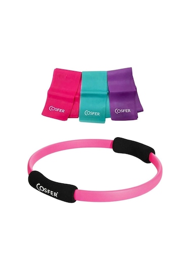 Cosfer Fuşya Pilates Çemberi 38 Cm ve 120X7.5 Cm 3Lü Pilates Bant